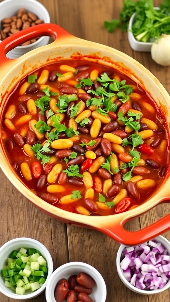 A hearty 7 bean bake in a rustic dish, bubbling with a mix of colorful beans and topped with herbs.